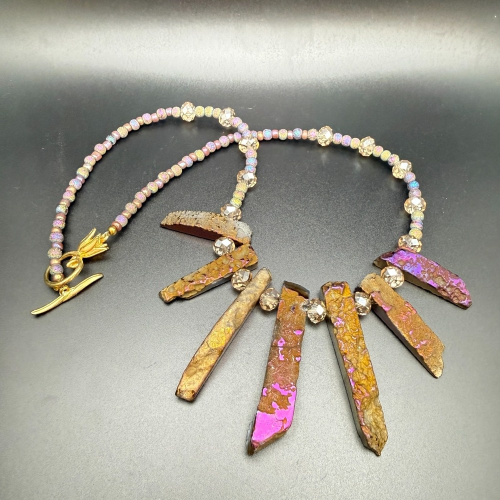 Titanium Aura Quartz Crystal Point Statement Necklace Purple Gold Toggle Clasp